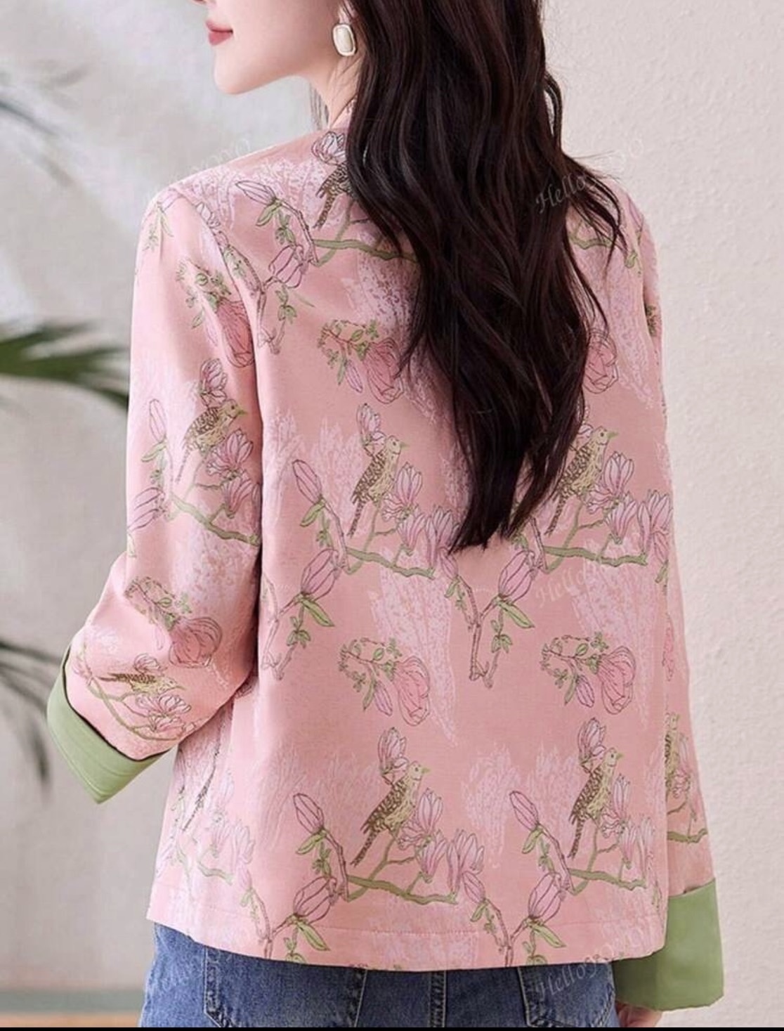 เสื้อจีนสีชมพู ขอบแขนเขียว