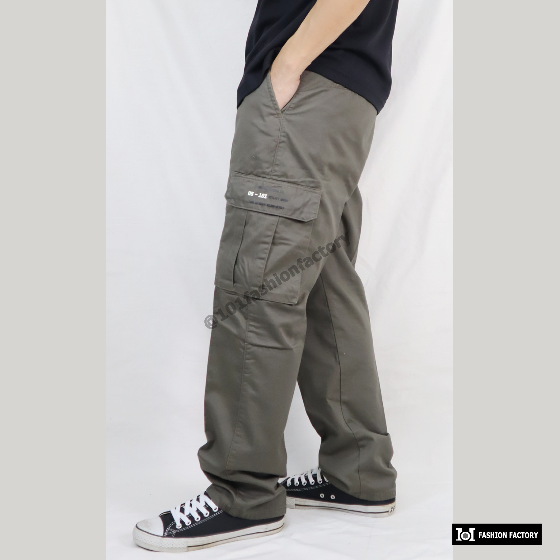กางเกงคาร์โก้กระเป๋าข้าง NO.707/3 ขาตรงทรงหลวมกระบอกธรรมดา สีเขียว | 101FashionFactory