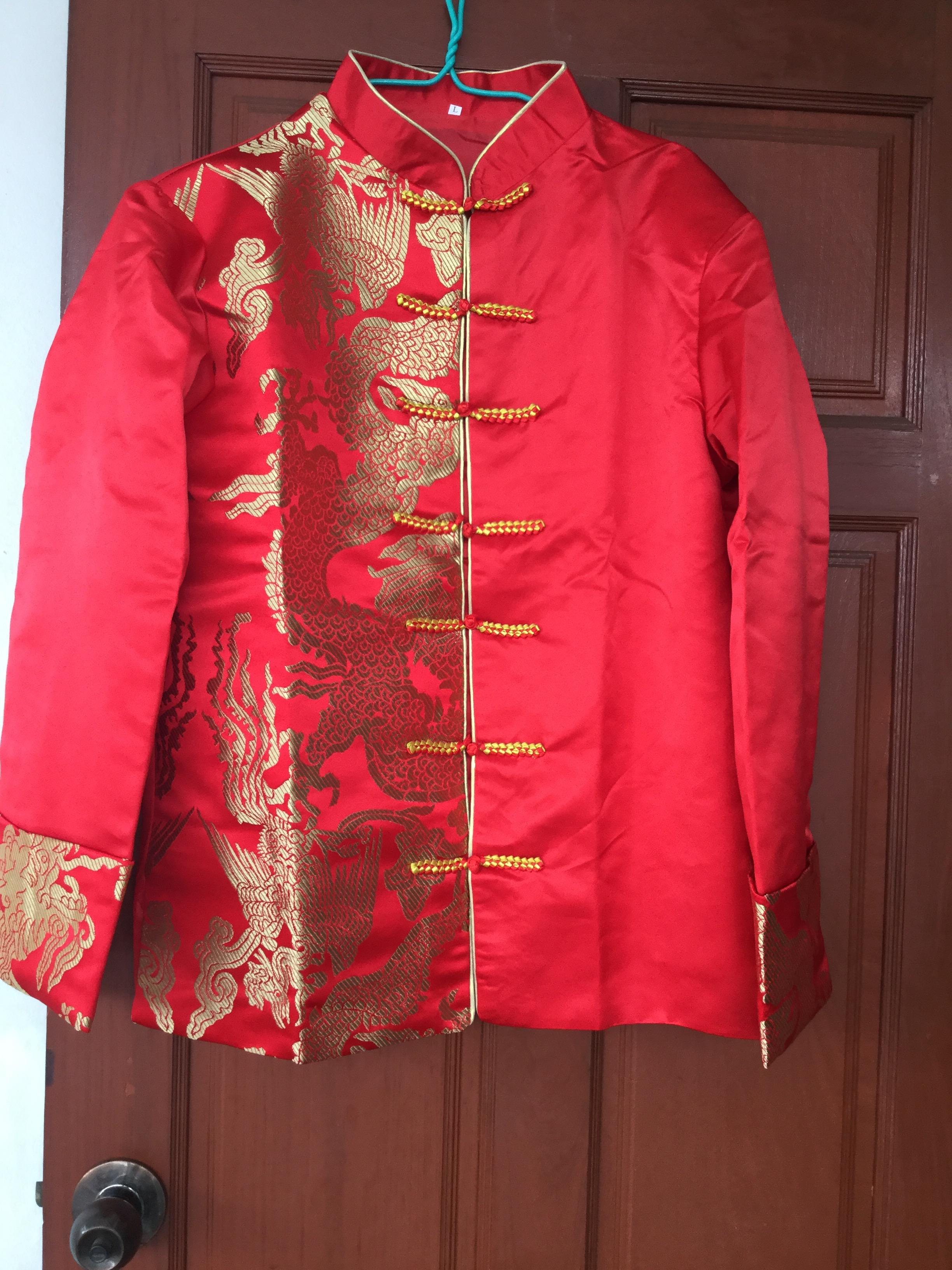 เสื้อจีนผู้ชายสีแดงลายมังกร สีทอง ZH135