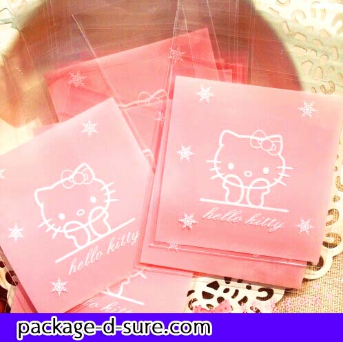 ล้างสต็อก//ถุงคุกกี้ แถบกาว 7x7 ลาย Hello Kitty พื้นชมพูอ่อน แพ็ค 100 ใบ