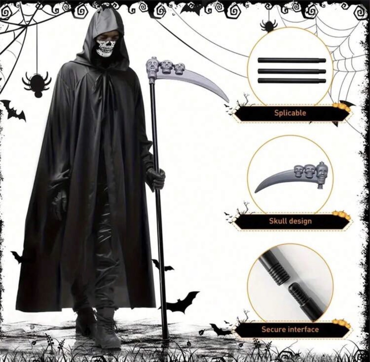 ชุดผู้เก็บวิญญาณ เสื้อคลุม+เคียว+หน้ากาก+ถุงมือเรืองแสง