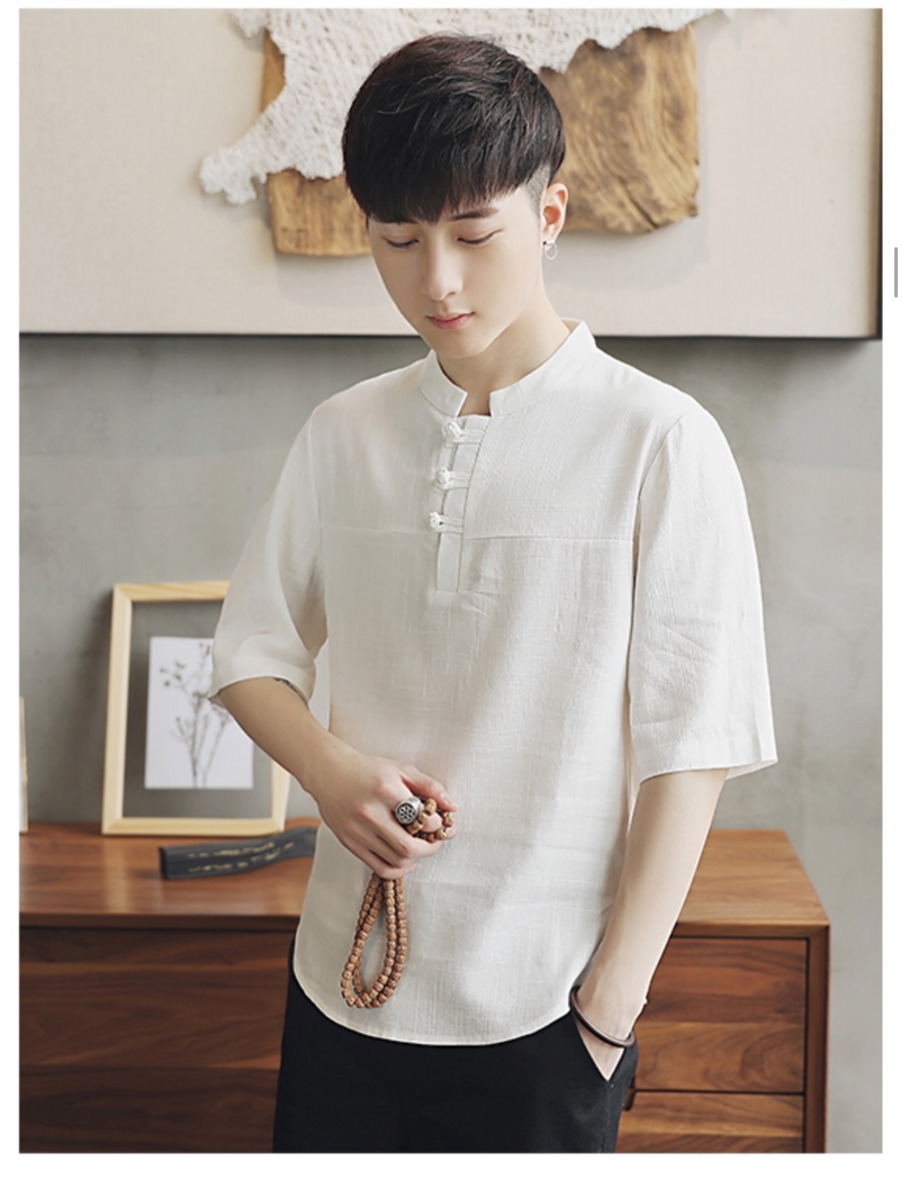 เสื้อผู้ชาย ผ้าลินิน สีขาว รหัส FO 74 สินค้าพร้อมส่ง