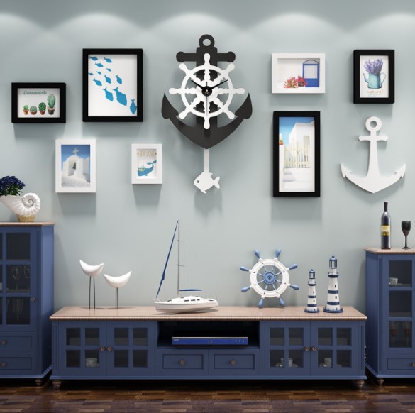 ชุดกรอบรูปติดผนัง Anchor Clock กรอบรูป 7 ชิ้น+สมอเรือ+นาฬิกาสมอเรือ พร้อมรูปภาพตามแบบและวัสดุติดตั้ง