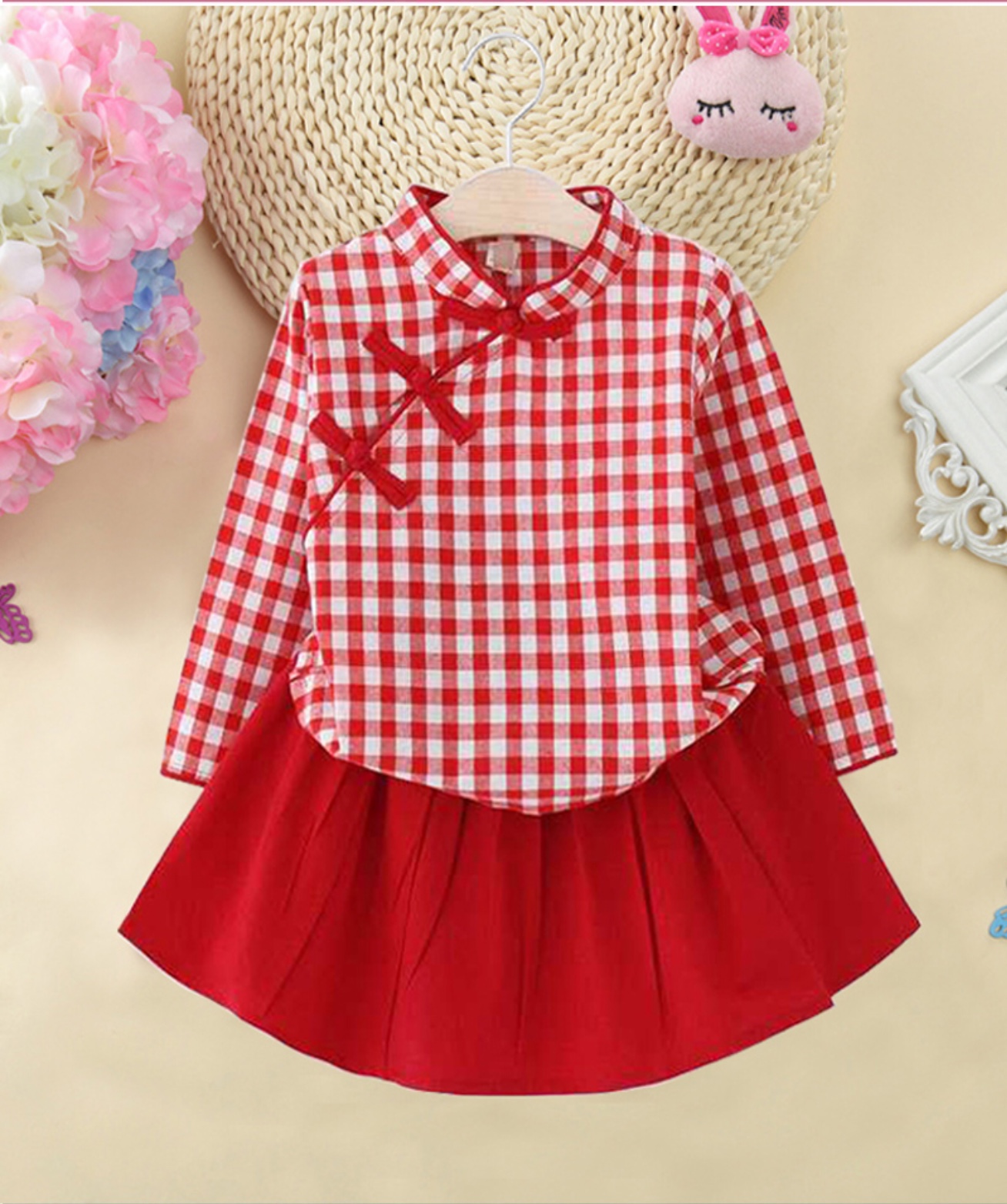 ชุดเสื้อลายสก๊อต +กระโปรง ผ้าฝ้าย สีแดง รหัส SC 58 สินค้าพร้อมส่ง