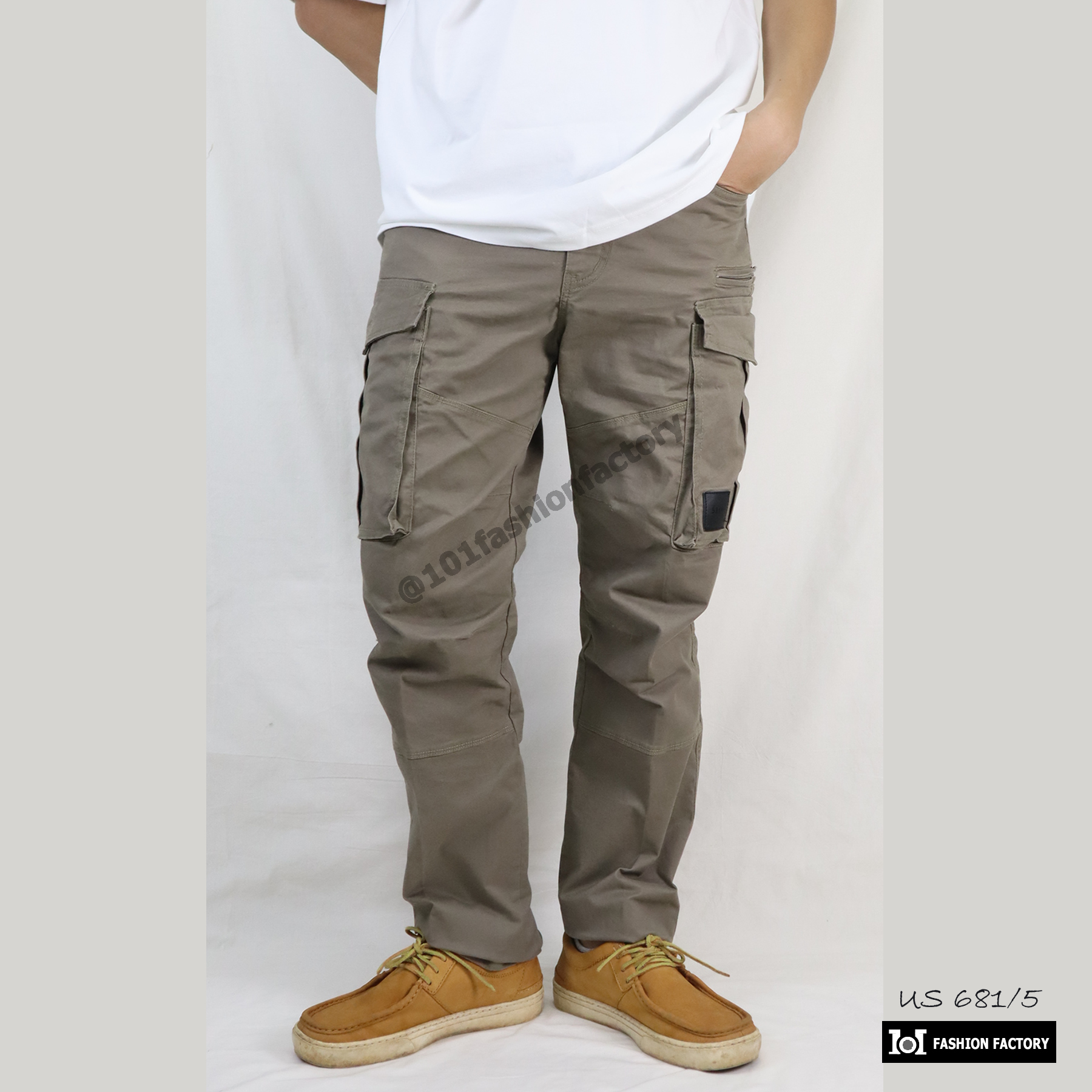 กางเกงคาร์โก้ผู้ชายทรงหลวม NO.681/5 ขายาวคอตตอนยืด สีโอวัลติน| US101