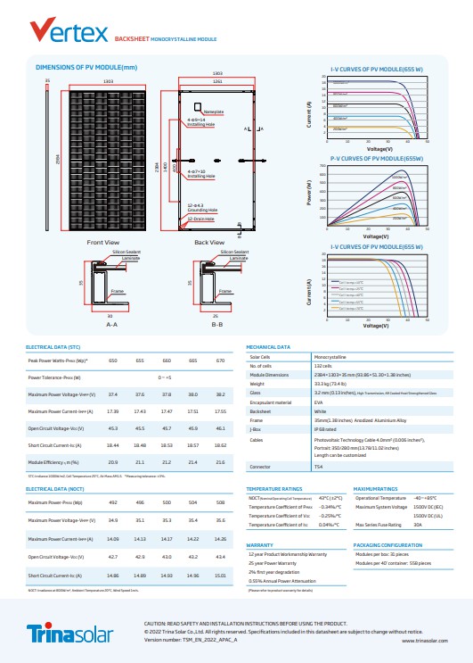 แผงโซล่า Solar Panel Trina Solar 665W vertex