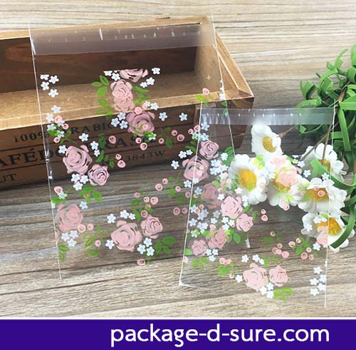 ล้างสต็อก//ถุงคุกกี้ แถบกาวใส 7x7 ลายดอกกุหลาบชมพู-ขาว แพ็ค 100 ใบ