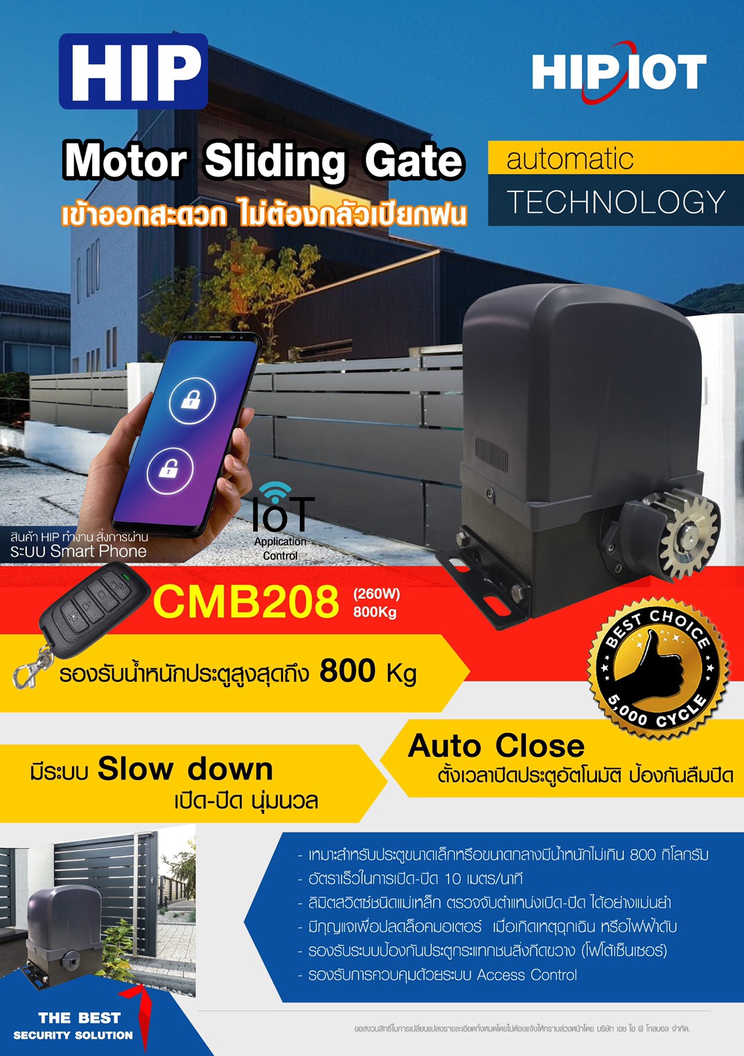 Motor Sliding Gate พร้อมบอร์ด APP CMB208 ชุดประตูรั้วรีโมท พร้อมติดตั้ง รองรับน้ำหนัก 800 KG ยี่ห้อ HIP