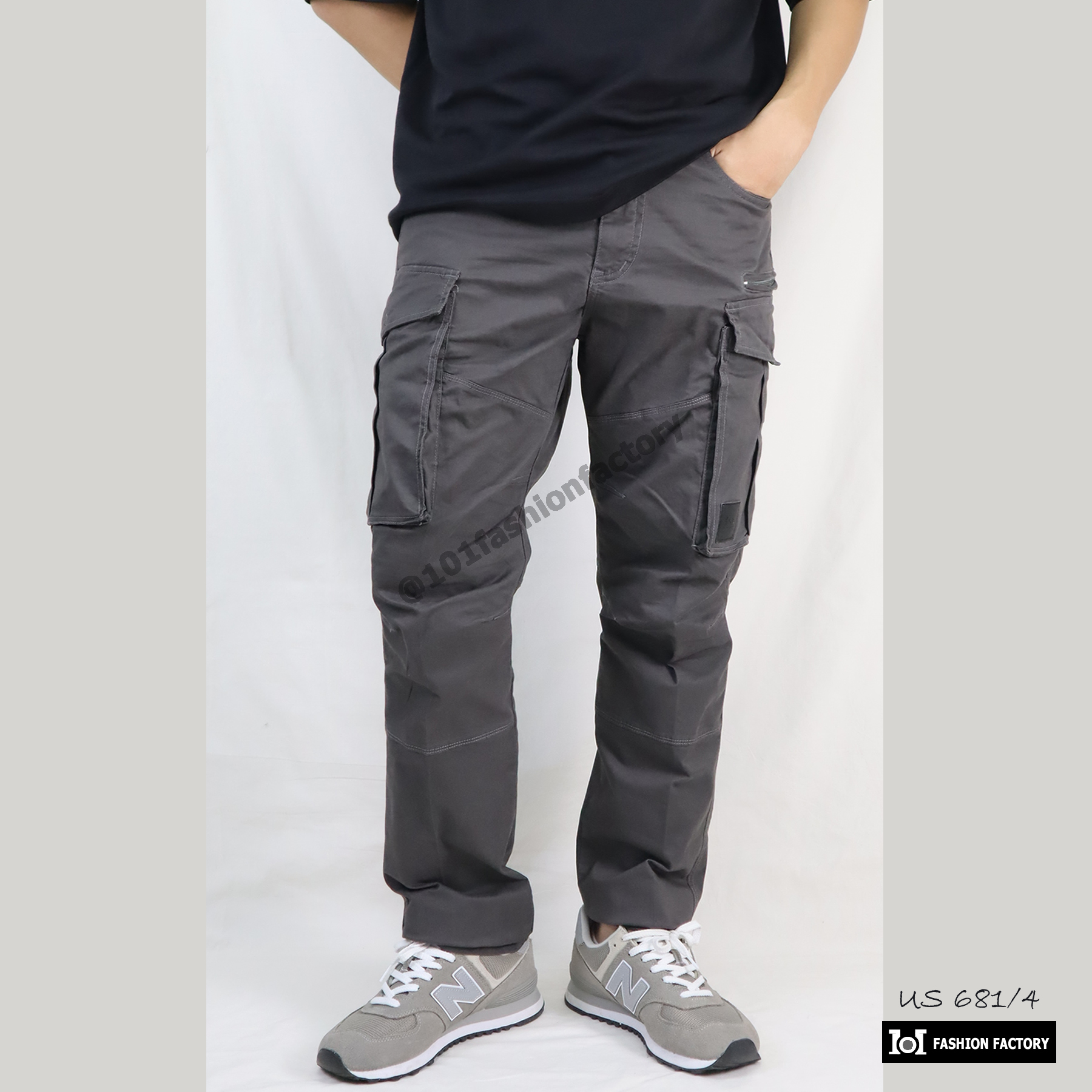 กางเกงคาร์โก้ผู้ชายทรงหลวม NO.681/4 ขายาวคอตตอนยืด สีเทา | US101