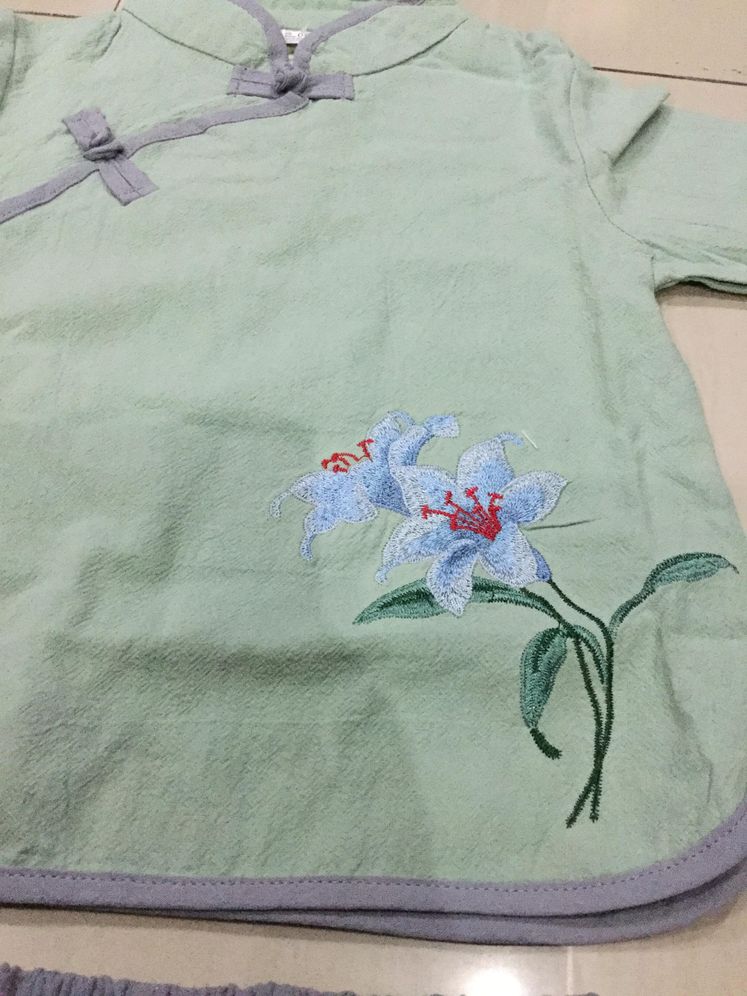 ชุดเสื้อเขียว+กางเกงเทา ผ้าฝ้าย รหัส PE 58 สินค้าพร้อมส่ง