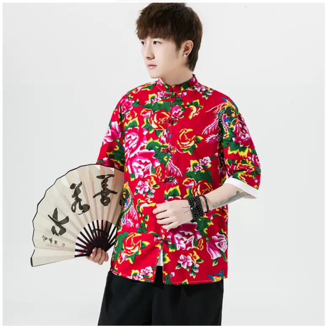 เสื้อจีนชายลายดอกไม้สีแดง