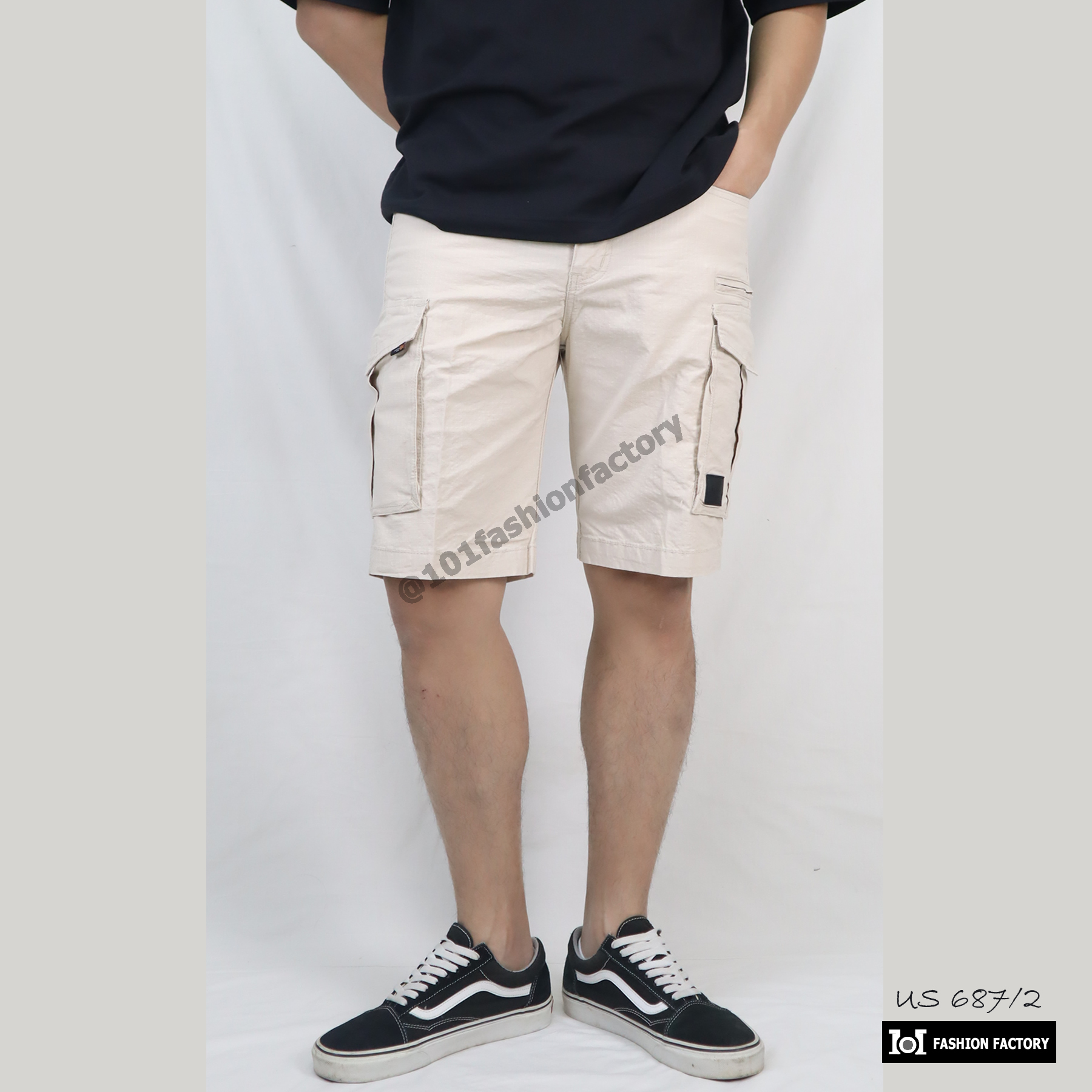 กางเกงคาร์โก้ชาย No.687/2 ขาสั้นวินเทจ ผ้ายืดทนทานสูง สีครีม | US101