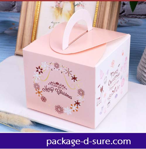 โปรโมชั่น//กล่องจัตุรัส หูหิ้ว ทรงสูง 9.5x9.5+8 สีชมพูอ่อน-ขาว ลาย merry christmas