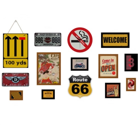 ชุดกรอบรูปติดผนัง Route66 กรอบรูป 9 ชิ้น+งานป้ายตกแต่ง+นาฬิกา พร้อมภาพตามแบบและวัสดุติดตั้ง