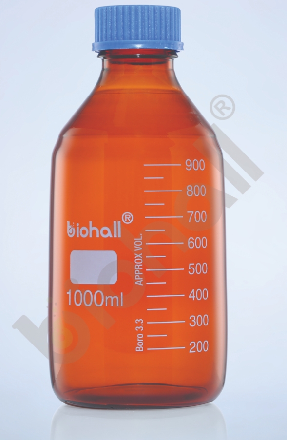 ขวดแก้วดูแรนฝาสีฟ้า / ขวดแก้วเก็บสารเคมี สีชา (Bottles Amber glass Scewcap&Pouring)