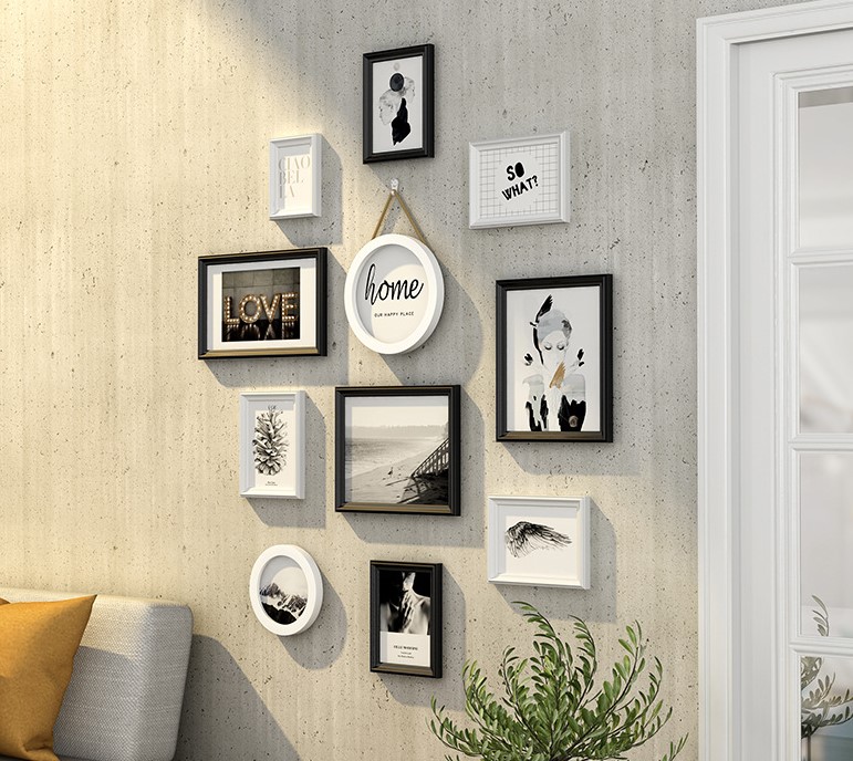 ชุดกรอบรูปติดผนัง Vertical set 11 (Black&White-Nordic) กรอบรูปไม้ 9 ชิ้นพร้อมภาพตามแบบ + รูปแคนวาส 2 ชิ้นและวัสดุติดตั้ง