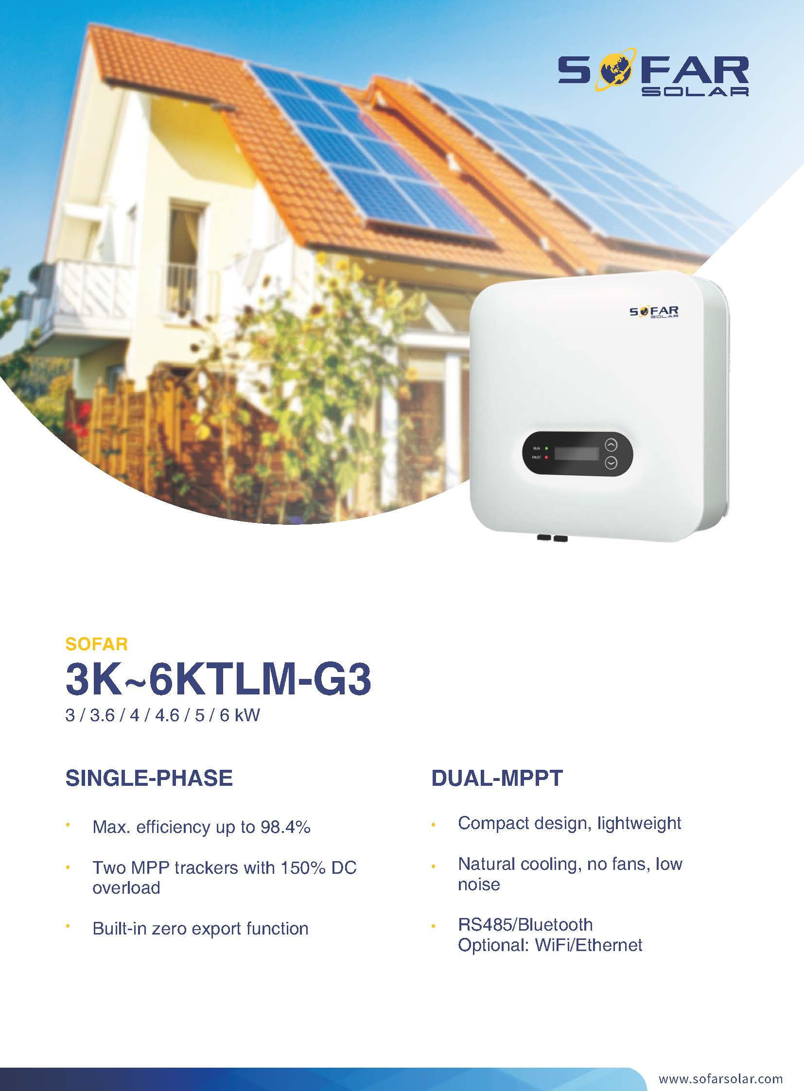 อินเวอร์เตอร์ ออนกริด SOFAR 5Kw รุ่น 5KTLM-G3 + Wifi + กันย้อน PEA/MEA (ประกัน 5 ปี)