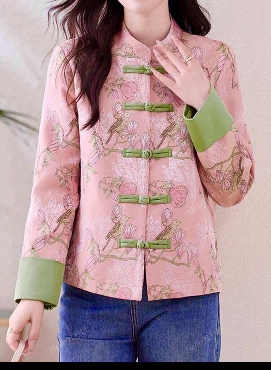 เสื้อจีนสีชมพู ขอบแขนเขียว