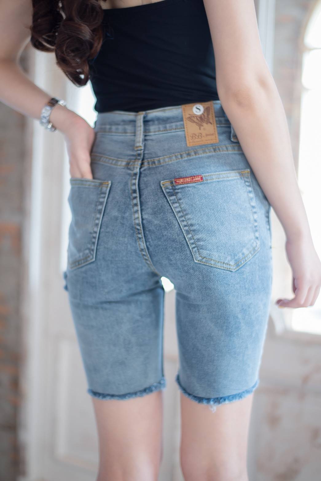 กางเกงยีนส์ 3 ส่วน สีดำ ปาดข้าง-BB15