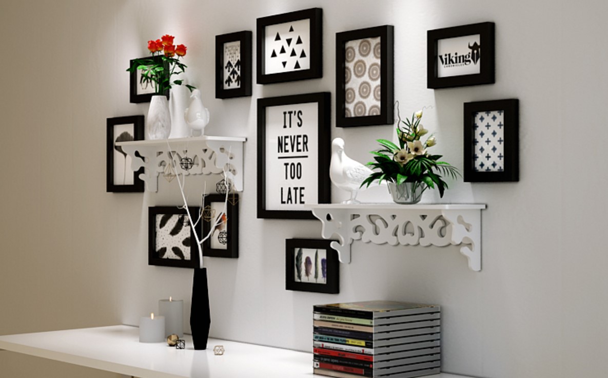 ชุดกรอบรูปติดผนัง Black11+ชั้นวาง กรอบรูปไม้สีดำ 11 ชิ้น +ชั้นวาง พร้อมรูปภาพตามแบบและวัสดุติดตั้ง