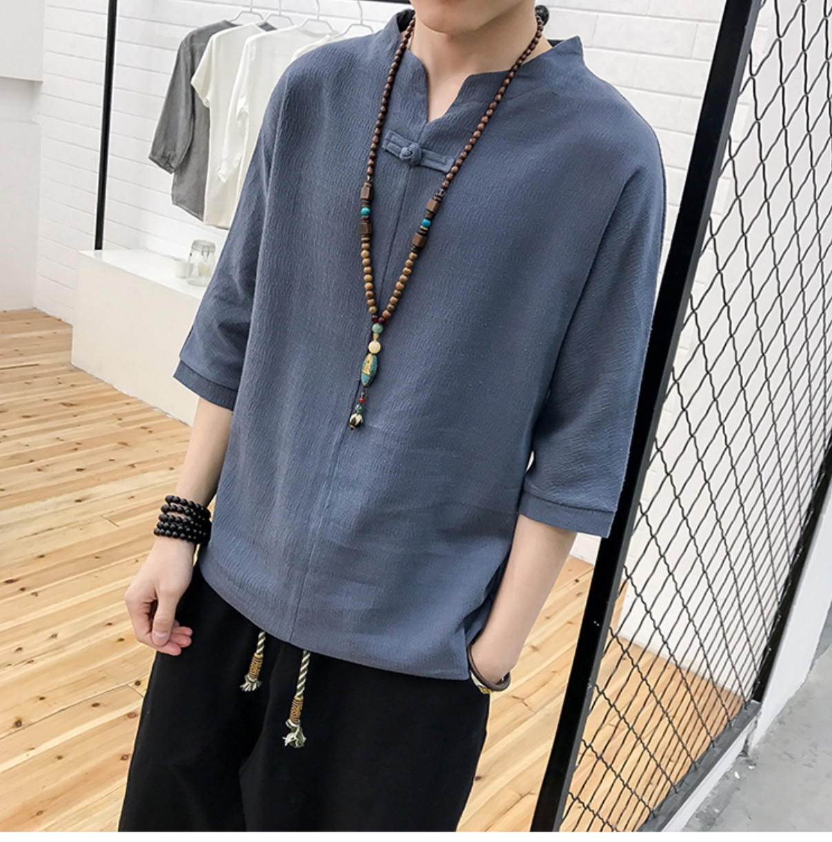 เสื้อจีนชาย ผ้าฝ้าย แขนสั้น สีเทา รหัส AT 60 สินค้าพร้อมส่ง