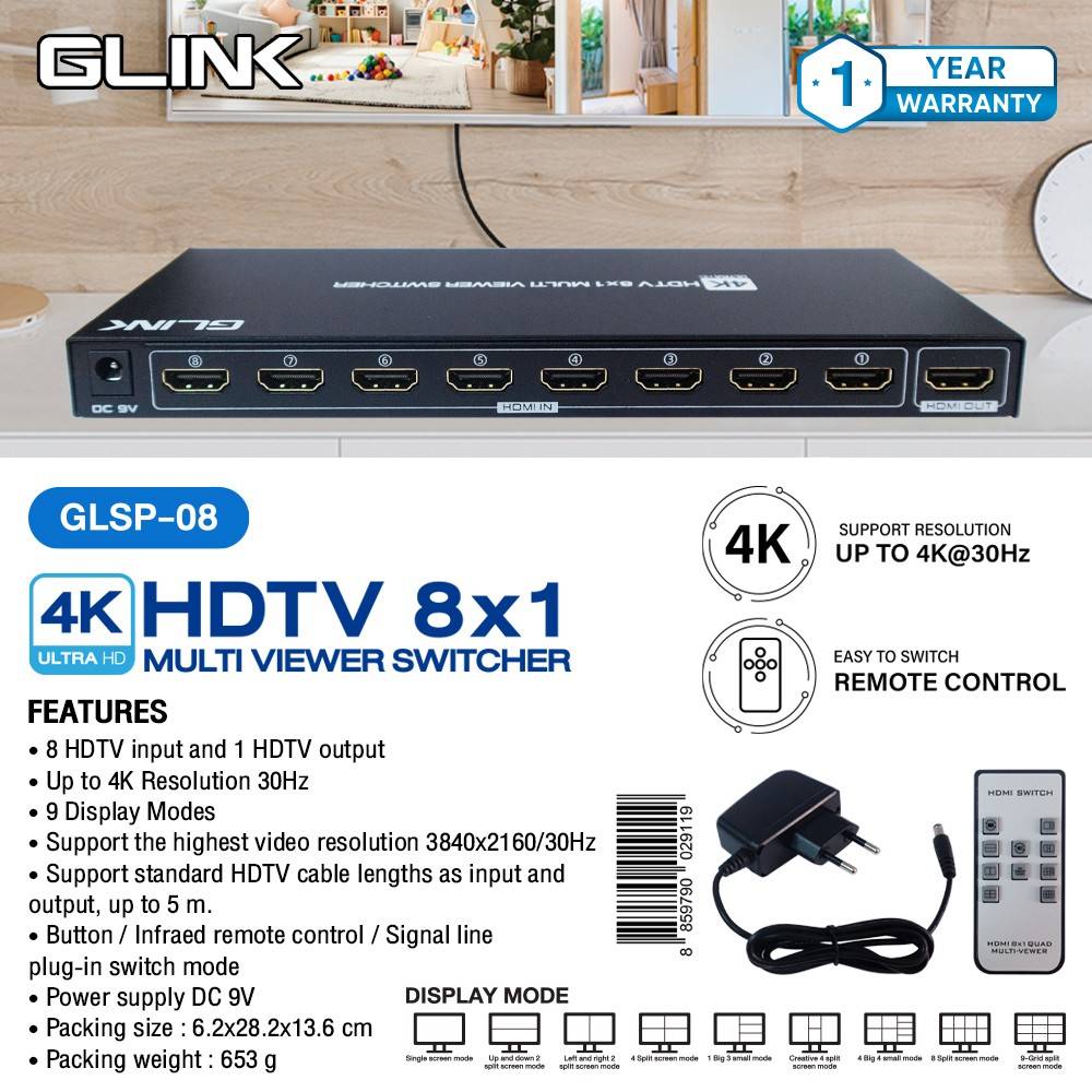 GLSP-08 HDMI Multi Viewer Switch 4K@30Hz กล่องรับสัญญาณ HDMI เข้า4อุปกรณ์ รวมสัญญาณภาพใ ห้ออกหน้าจอเดียว