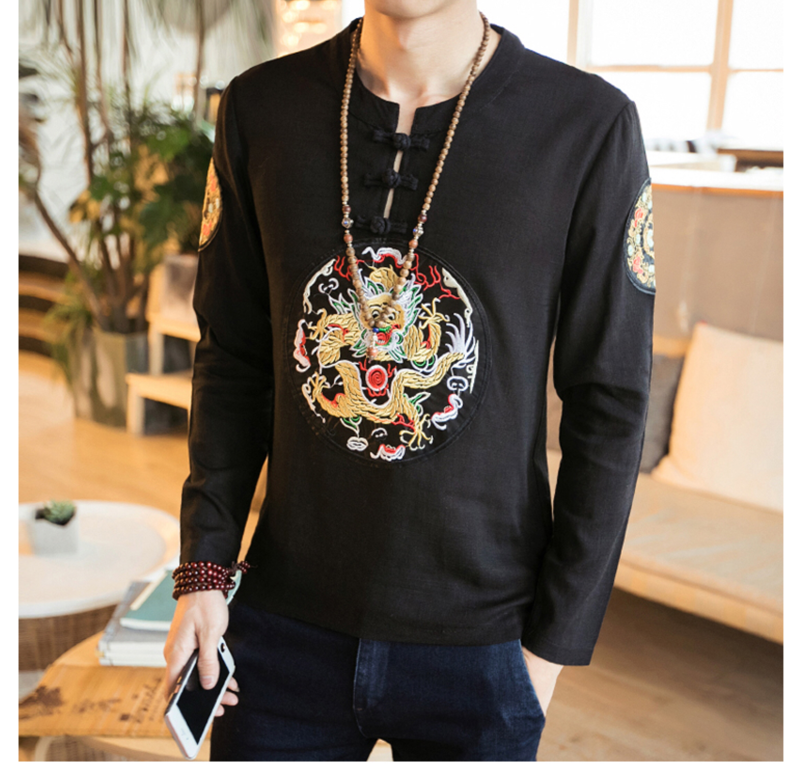 เสื้อจีนชาย ผ้าฝ้าย สีดำลาย วงกลม รหัส E79 สินค้าพร้อมส่ง