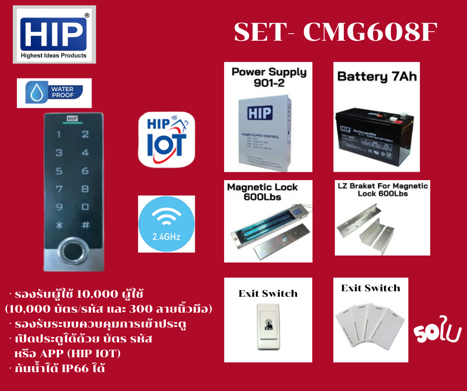 (ชุดติดตั้งเอง) ชุดเซ็ต Access Control เข้า-ออก ประตู ทาบบัตร กดรหัสผ่าน HIP CMG- 608F ใช้งานผ่านแอพ HIP IOT เชื่อมต่อผ่าน wifi 2.4GHZ รองรับบัตร 10,000 ลายนิ้วมือ 300