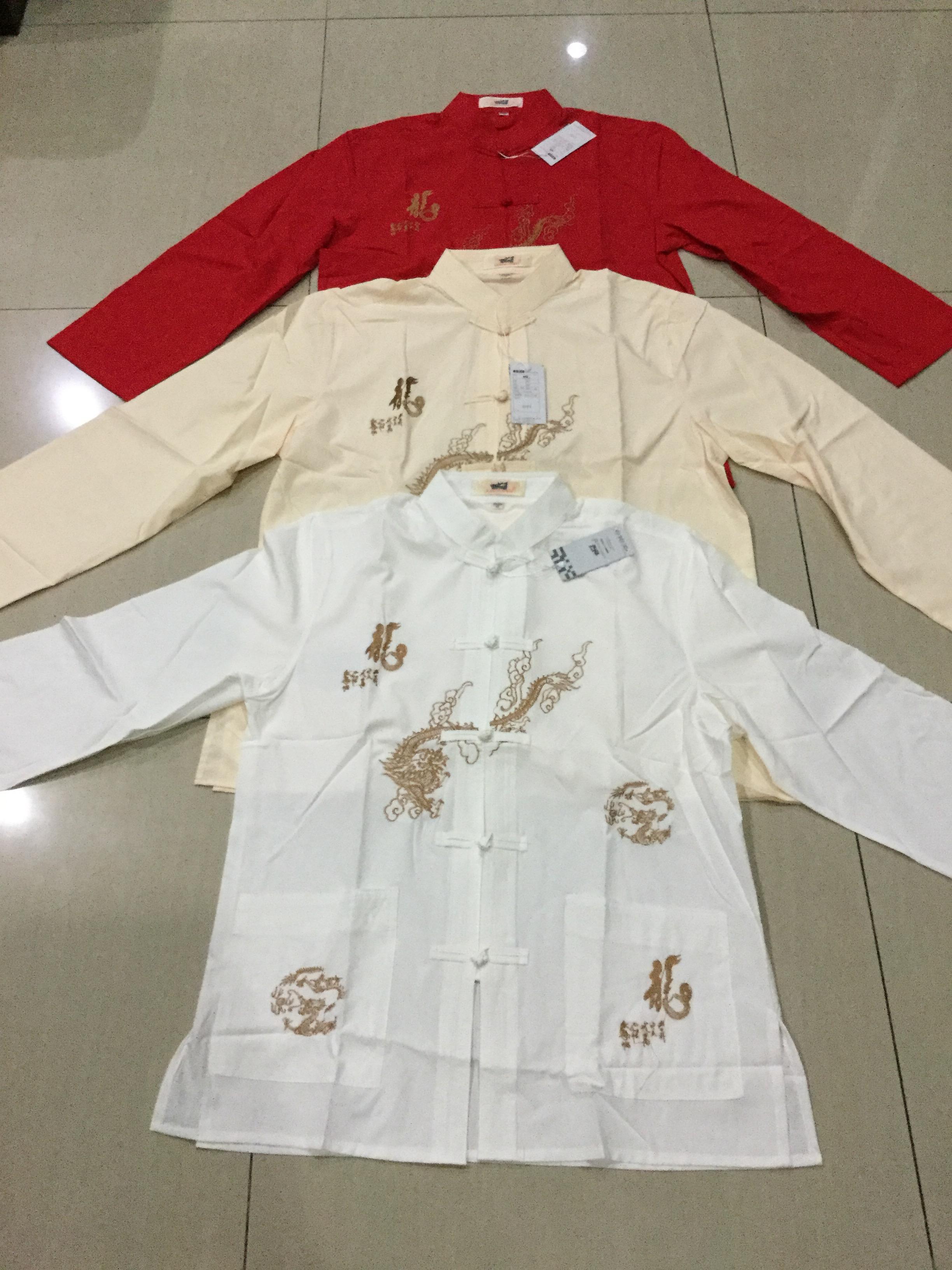 เสื้อจีนชาย ผ้าลินิน ลายปักมังกรสีแดง I55สินค้าพร้อมส่ง