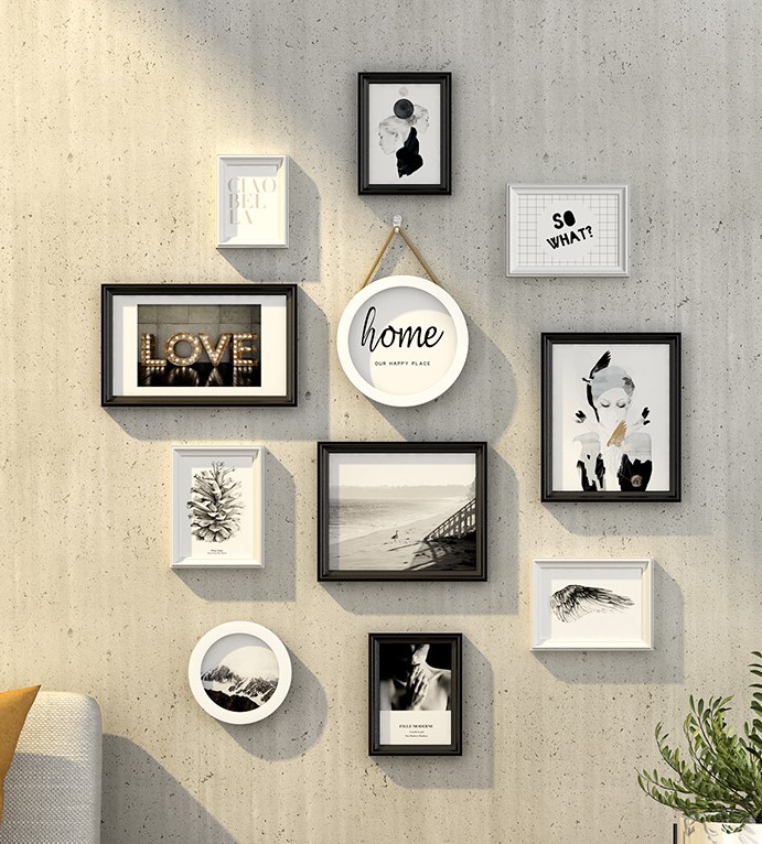 ชุดกรอบรูปติดผนัง Vertical set 11 (Black&White-Nordic) กรอบรูปไม้ 9 ชิ้นพร้อมภาพตามแบบ + รูปแคนวาส 2 ชิ้นและวัสดุติดตั้ง