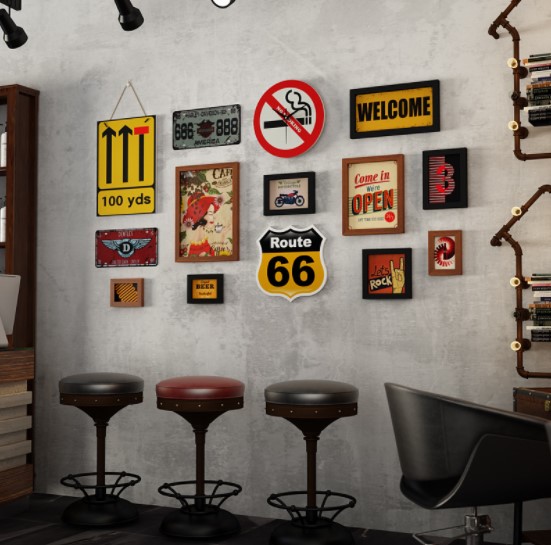 ชุดกรอบรูปติดผนัง Route66 กรอบรูป 9 ชิ้น+งานป้ายตกแต่ง+นาฬิกา พร้อมภาพตามแบบและวัสดุติดตั้ง