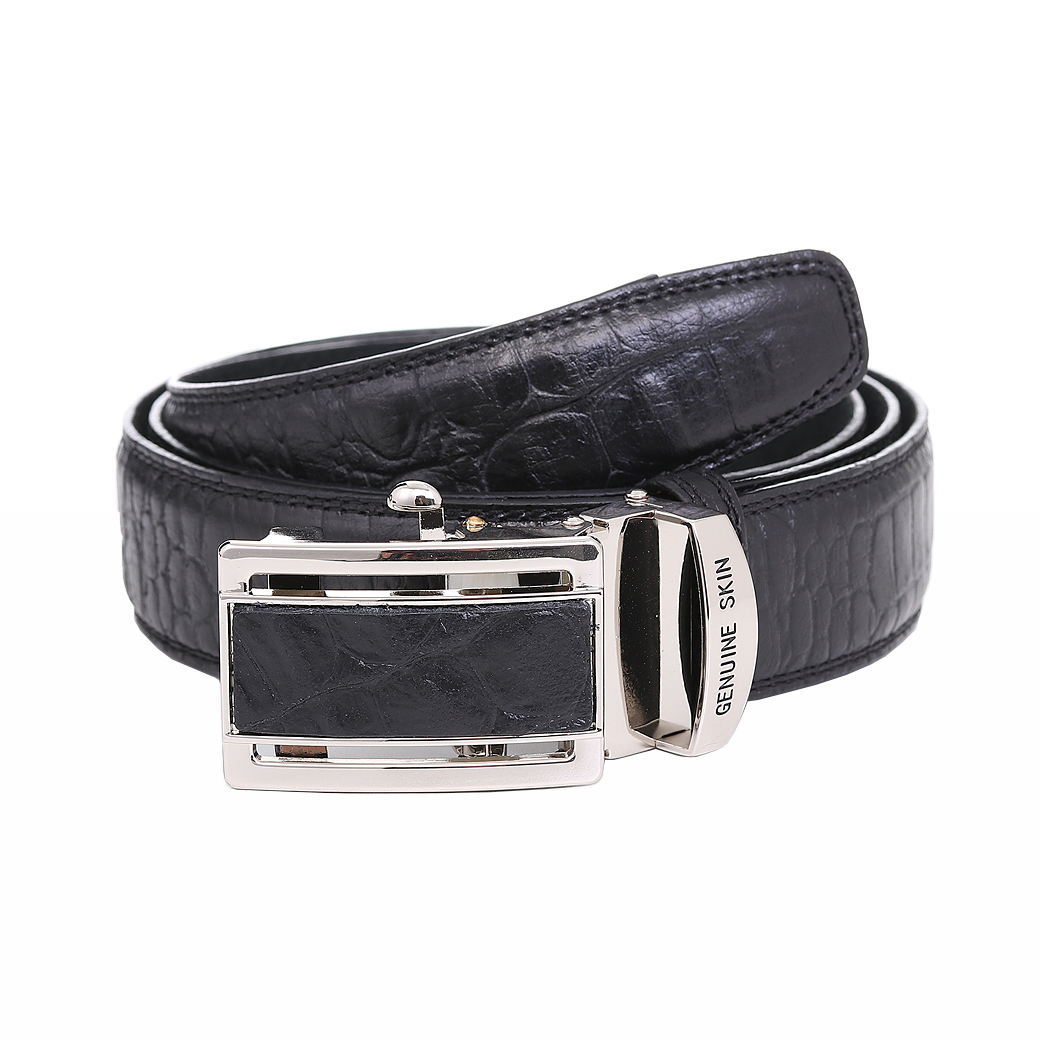 เข็มขัดหนังแท้ สำหรับผู้ชาย แบบ Auto Locking ลายหนังจระเข้ สีดำ รุ่น Croco