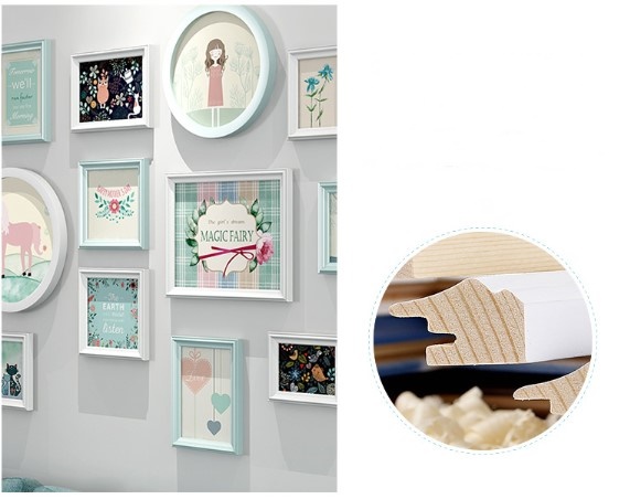 ชุดกรอบรูปติดผนัง Peony light blue กรอบรูปไม้ 14 ชิ้นพร้อมภาพตามแบบ + รูปแคนวาส 2 ชิ้นและวัสดุติดตั้ง