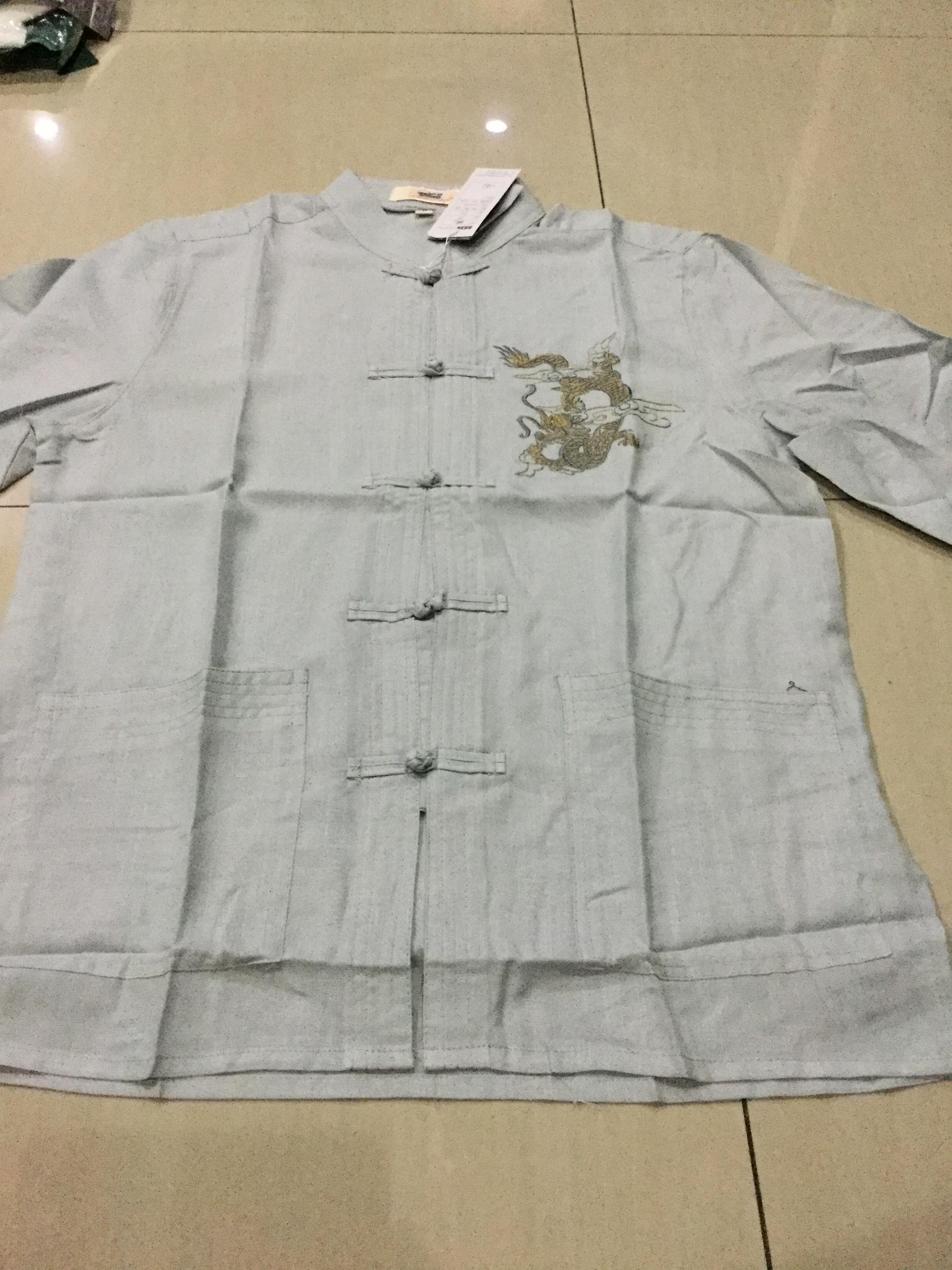 เสื้อจีนชาย ผ้าฝ้าย ลายปักมังกรที่อก สีเทา H 55 สินค้าพร้อมส่ง