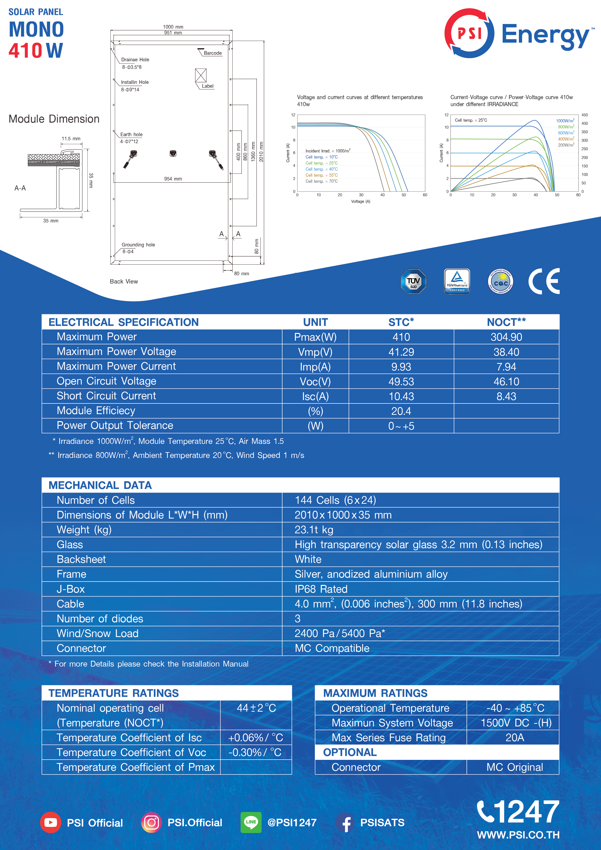แผงโซล่า410W (Mono) PSI Solar Panal Mono 410W 12Years product warranty