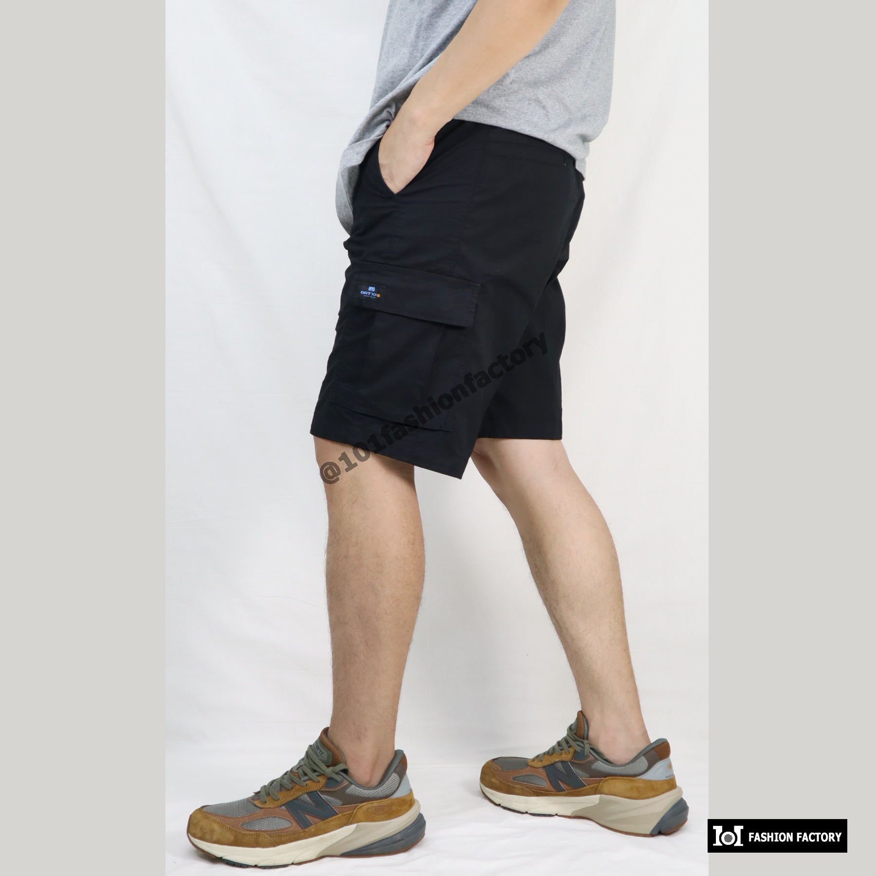 กางเกงคาร์โก้ขาสั้น No.674/1 ผ้ากันลมยืด ขาสั้นชายเป๋าข้าง สีดำ | US101