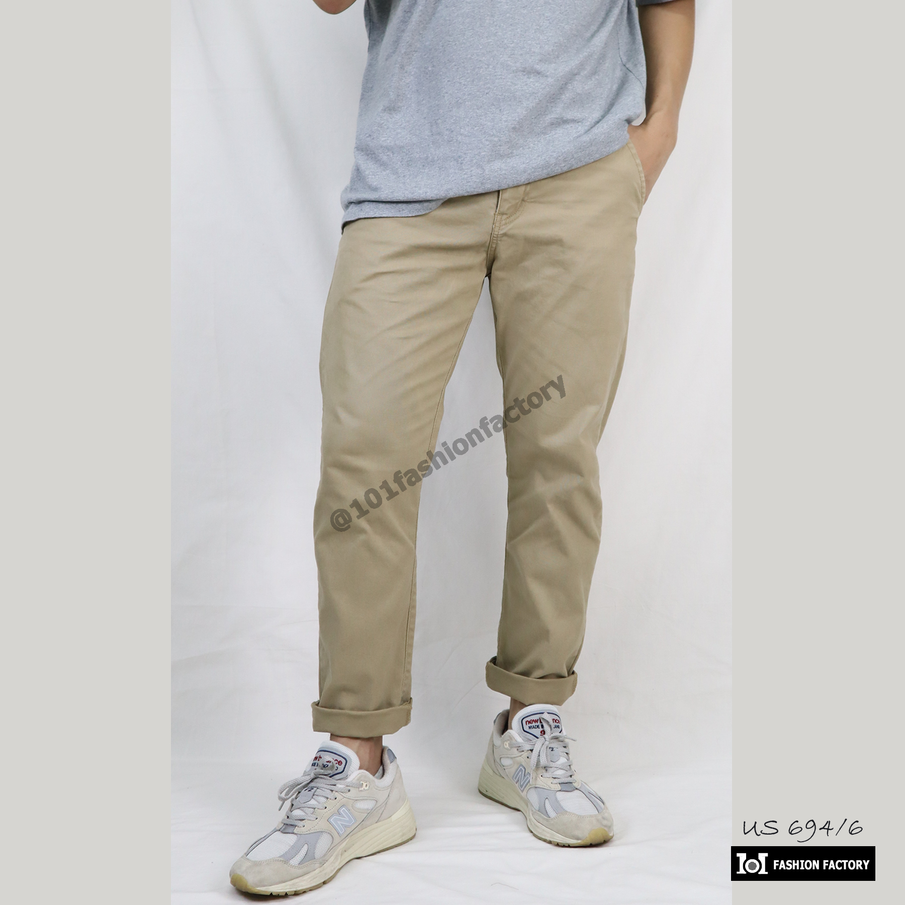 กางเกงขาเต่อ No.694/6 แฟชั่น9ส่วนชิโน่ ผ้าคอตตอนพรีนสกรีนยืด สีกากี | US101