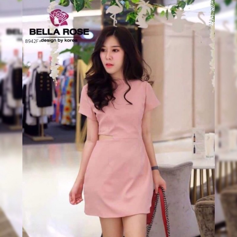 Dress ชุดเดรสคอกลม แขนสั้นสีพื้น เว้าเอว