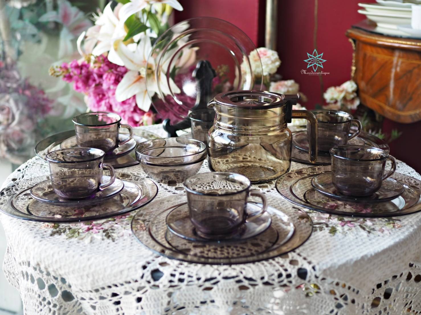 ชุดจาน + ชุดกาแฟ แบรนด์ Vintage Arcoroc France สีควันบุหรี่