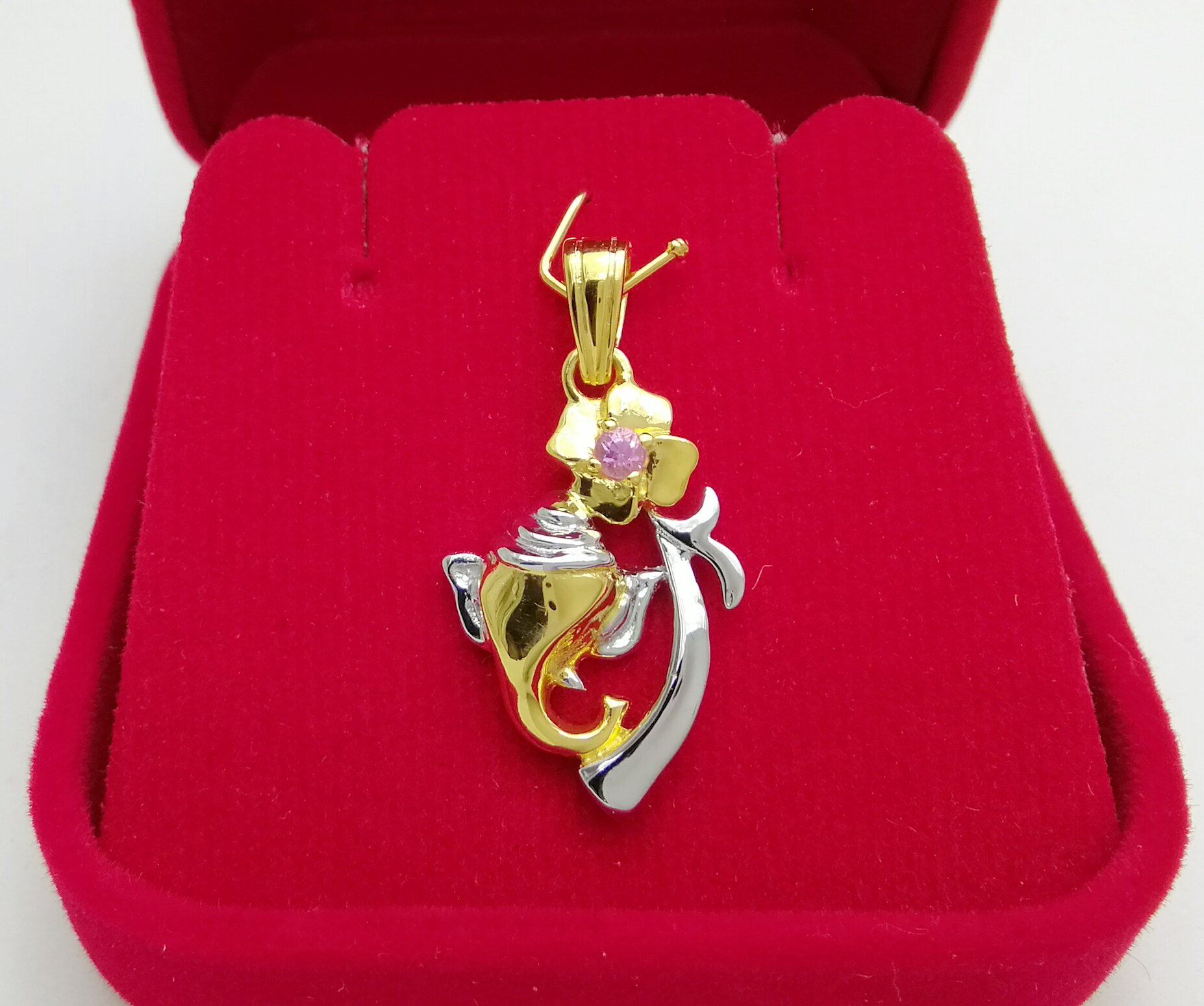 จี้เศียรพระพิฆเณศ เงินแท้ 925 ประดับดอกชบาฝังพลอยประจำวันเกิดแท้