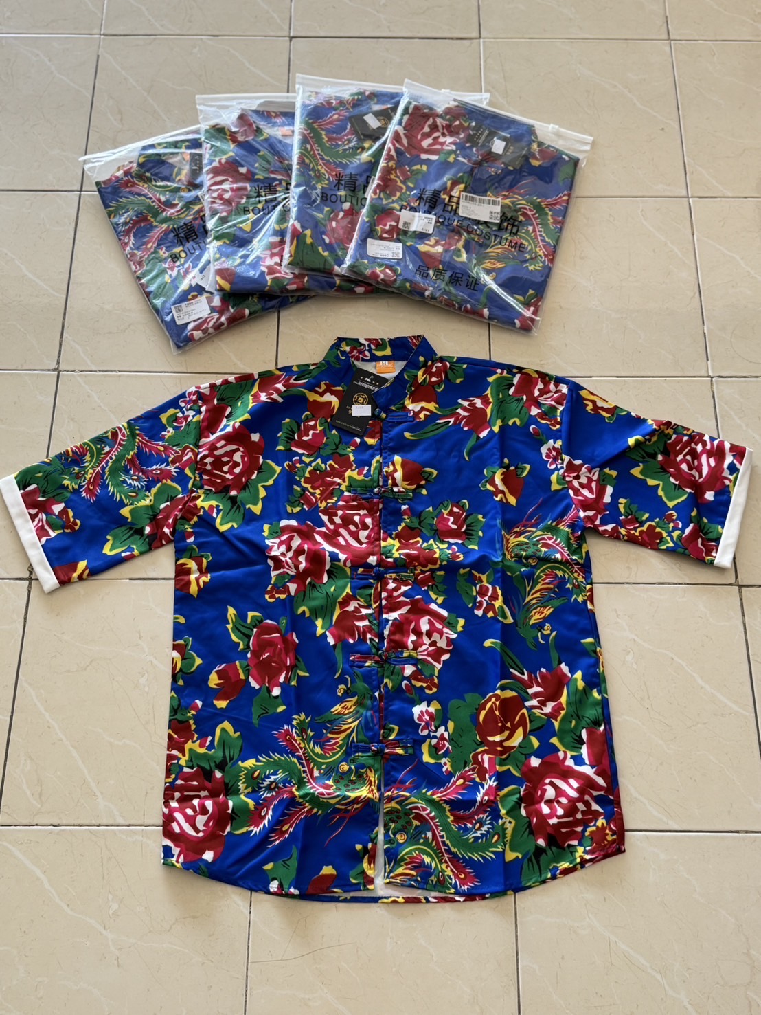 เสื้อจีนชายลายดอกไม้สีน้ำเงิน รหัส 278