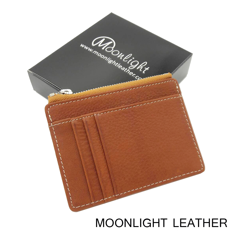กระเป๋าใส่เหรียญ ใส่บัตรหนังแท้ MOONLIGHT รุ่น Pure สีน้ำตาลอ่อน หนังวัว นุ่ม ไม่ลอก ทน กระทัดรัด ใส่แบงค์ได้ มีกล่องสวย
