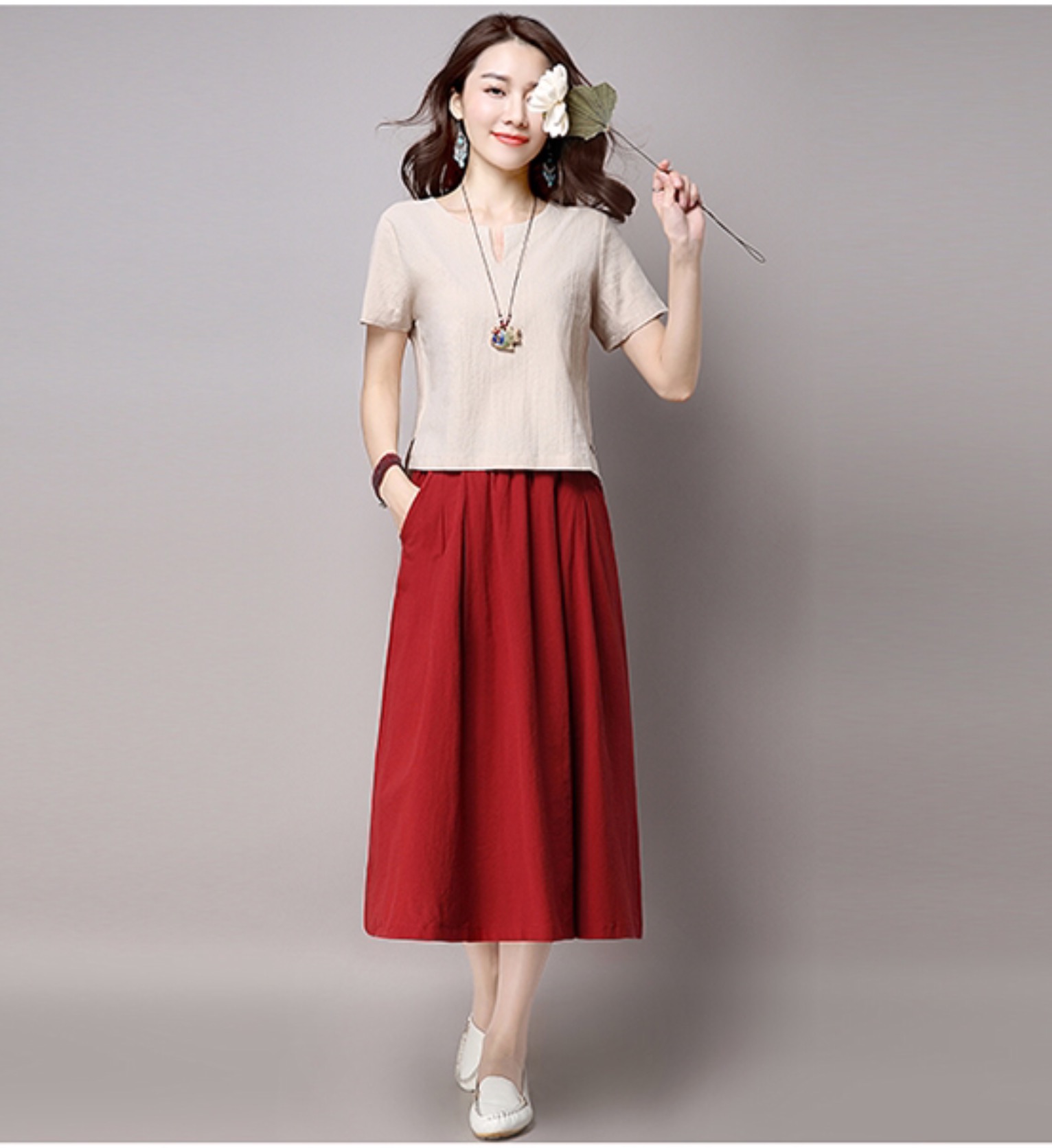 กระโปรงผ้าฝ้าย สีแดง / สีน้ำเงิน / สีครีม. รหัส VA 43 สินค้าพร้อมส่ง