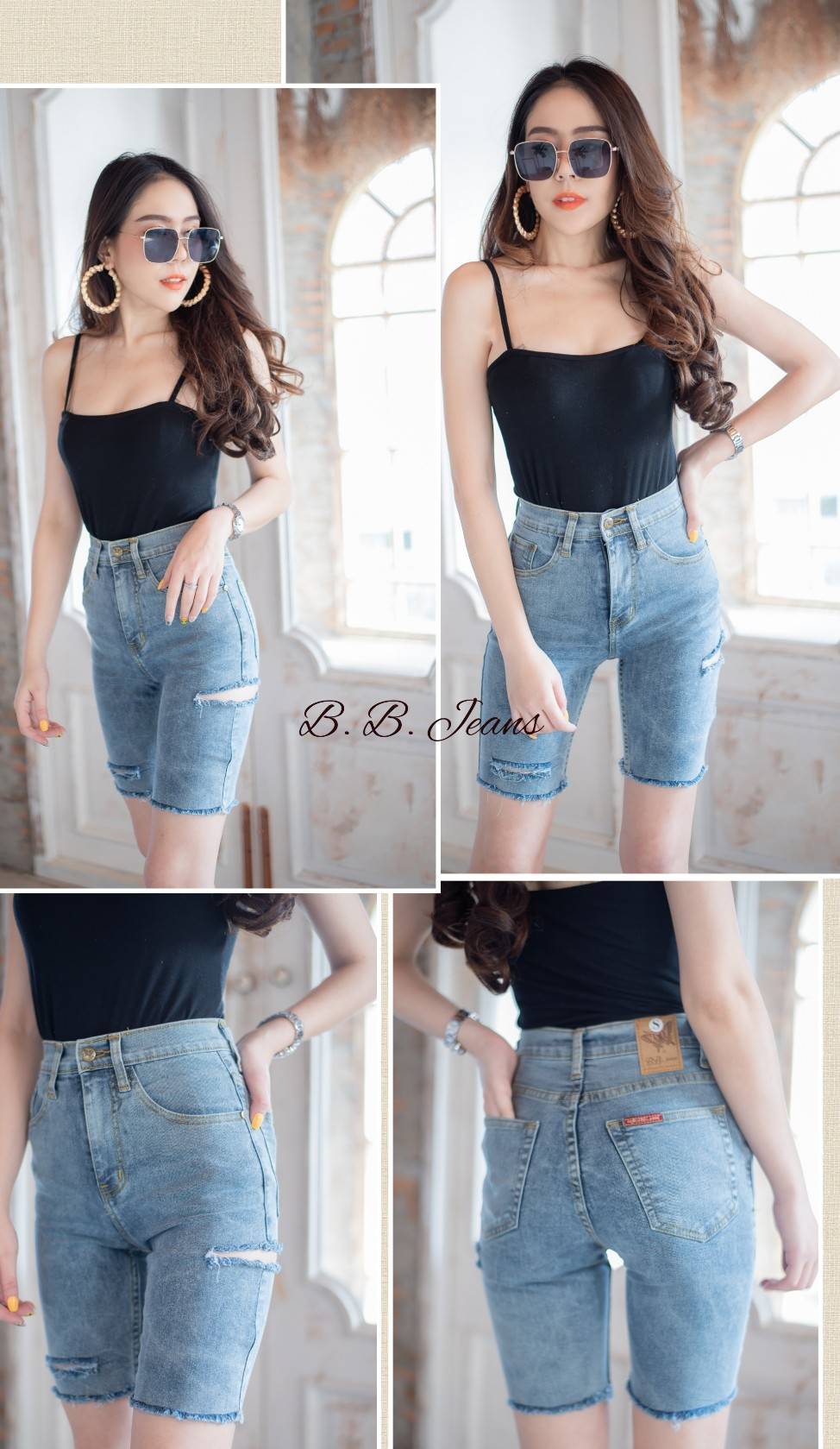 กางเกงยีนส์ 3 ส่วน สีดำ ปาดข้าง-BB15