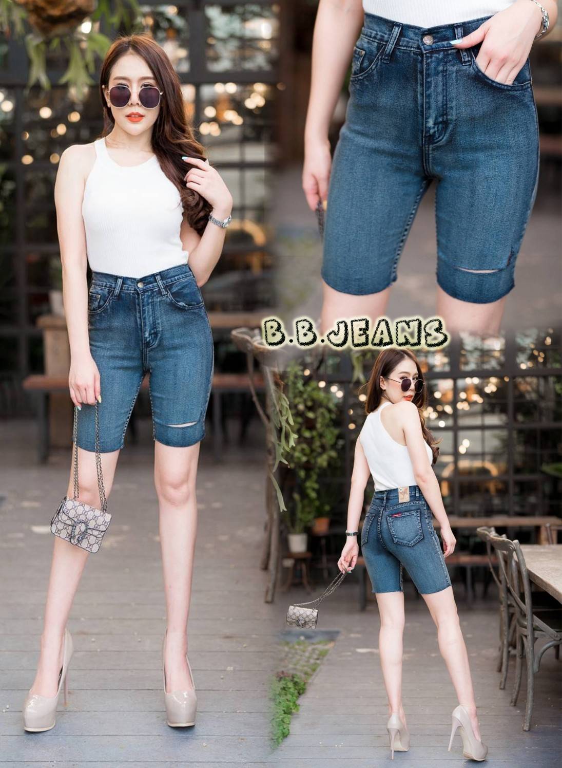 กางเกงยีนส์ 3 ส่วน สีดำ ปาดข้าง-BB09