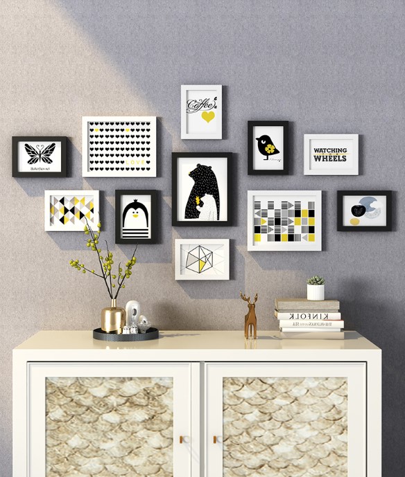 ชุดกรอบรูปติดผนัง Black&White11 (Bear&Bird) กรอบรูปไม้สีขาวดำ11 ชิ้น พร้อมภาพตามแบบและวัสดุติดตั้ง