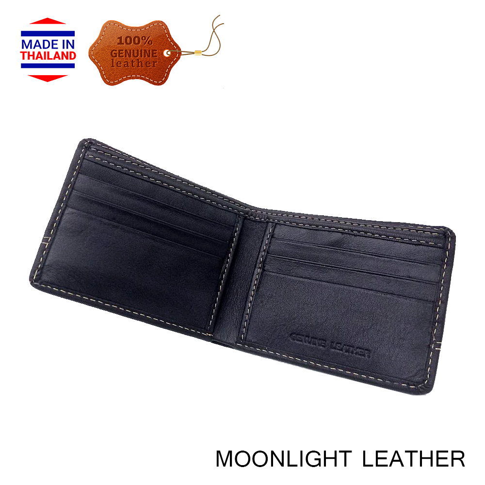 กระเป๋าสตางค์หนังวัวแท้ 100% ฝีมือไทย แบรนด์ MOONLIGHT ไซส์เล็กแต่ใส่แบงค์พันได้ สีดำ นิ่ม ทนทาน ไม่ลอกร่อน มีกล่องให้