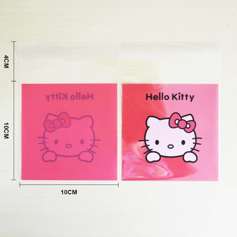 ถุงคุกกี้ แถบกาว 10x10 ลายคิตตี้ หลังชมพู แพ็ค 100 ใบ