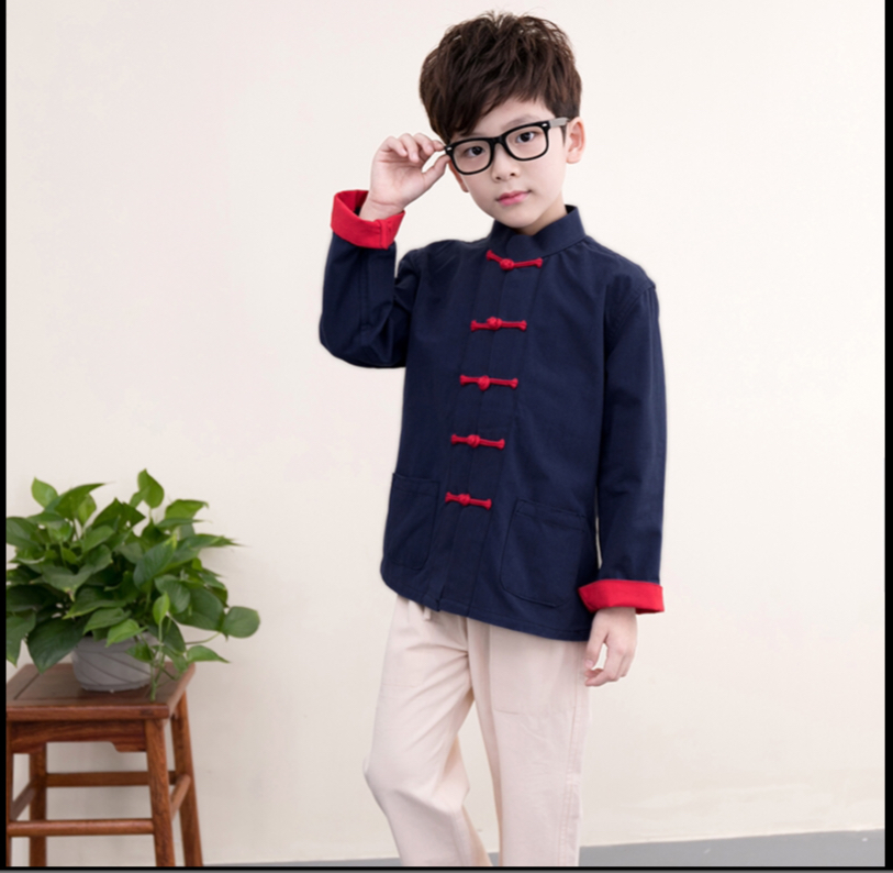 ชุดจีนเด็กชาย สีน้ำเงินขอบแขนแดง ผ้าฝ้าย รหัส BBB66 สินค้าพร้อมส่ง