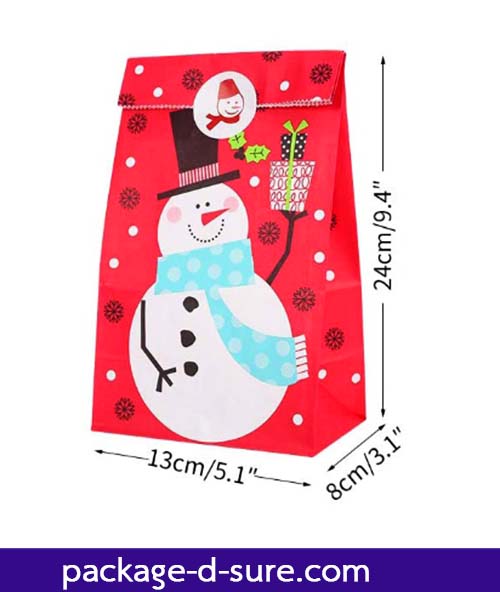 โปรโมชั่น//ถุงกระดาษสีแดงแบบฐานตั้ง 13x24+8 ลาย snowman แพค 5 ใบ